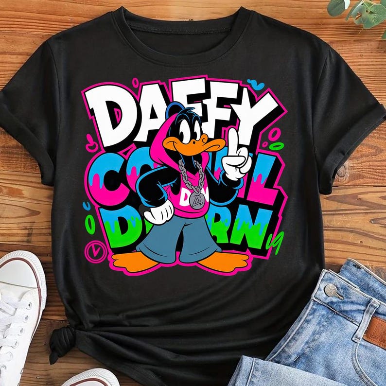 May include: Black t-shirt featuring a cartoon Daffy Duck character in a pink hoodie, silver chain, and blue pants. The shirt has the words "DAFFY COOL DARN" in a graffiti-style design with bright colors.