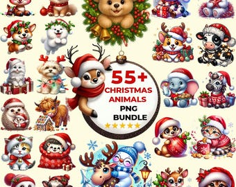 May include: A collection of 55+ Christmas animal PNG images. The images feature various animals, including a reindeer, bear, cow, and cat, all dressed in festive holiday attire. The animals are wearing Santa hats and holding gifts.