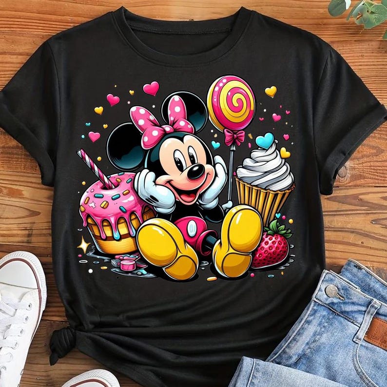 May include: Black t-shirt featuring a colorful cartoon illustration of Minnie Mouse surrounded by sweets. Minnie Mouse is wearing a pink bow and is sitting next to a cupcake, donut, lollipop, and strawberry. Hearts are scattered around the image.