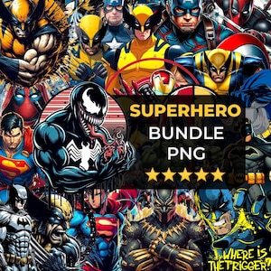 Könnte beinhalten: Eine lebendige Collage von Superhelden-Illustrationen, darunter Wolverine, Captain America und Batman. Das Bild zeigt den Text "SUPERHERO BUNDLE PNG" mit einer Fünf-Sterne-Bewertung und präsentiert eine Sammlung von Comicfiguren.