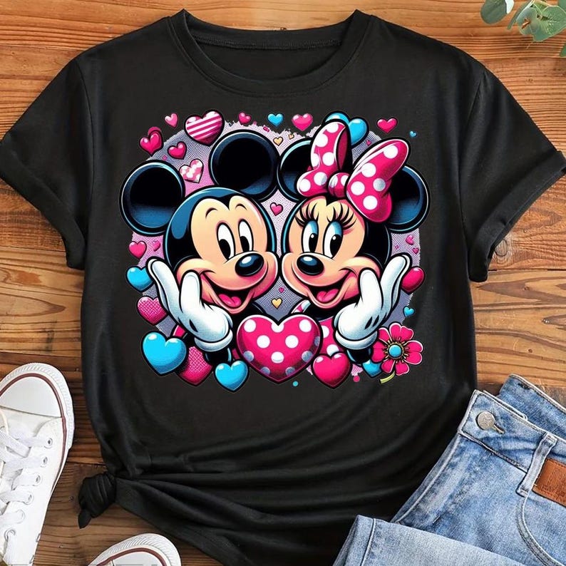 May include: Black t-shirt featuring Mickey and Minnie Mouse embracing, surrounded by pink, blue, and white hearts. Minnie wears a pink polka-dot bow. The design includes a pink flower and white gloves.