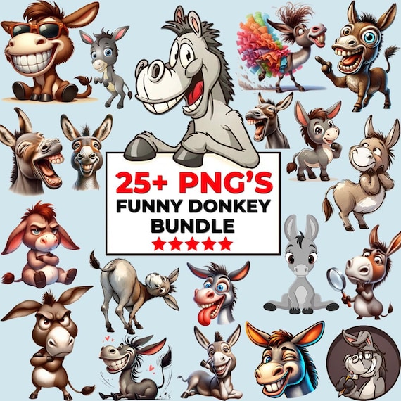 25+ Funny Donkey Pngs, Quirky Donkey Clipart, Funny Cartoon Animal Png Bundle, Crazy Donkeys Clipart Printable, Cute Donkeys Clip Art