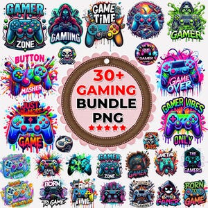 May include: A collection of colorful gaming-themed graphics. The designs include game controllers, skulls, and text like "Gamer," "Game Time," and "Game Over." A central graphic reads "30+ Gaming Bundle PNG."