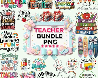 Puede incluir: Una colección de gráficos PNG coloridos con temática de profesores. Los diseños incluyen texto como "Best Teacher Ever", "Teach Love Inspire" y "Teacher Bundle PNG". Las imágenes presentan manzanas, lápices, libros y elementos decorativos.