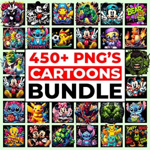 May include: A grid of colourful cartoon character images, such as Mickey Mouse, Pikachu, and Hulk. The central text reads "450+ PNG'S CARTOONS BUNDLE" in bold, red and white letters. The images are vibrant and feature various popular characters.