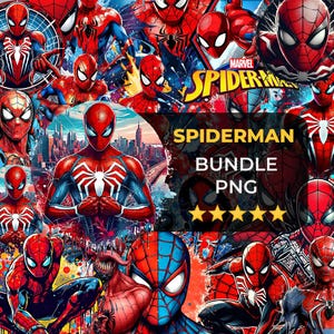May include: A vibrant collage featuring multiple illustrations of Spider-Man in various poses and styles. The image includes the text "SPIDERMAN BUNDLE PNG" with a five-star rating, and the Marvel logo. The color palette is dominated by red, blue, and white.