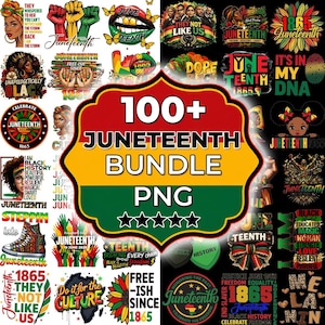 Può includere: Una collezione digitale di oltre 100 design grafici PNG a tema Juneteenth con varie illustrazioni, tra cui ritratti, girasoli, pugni alzati e tipografia con tavolozze di colori rosso, nero, verde e giallo.