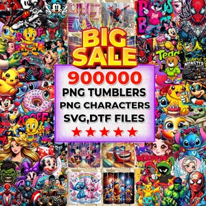 Op de afbeelding: Een kleurrijke afbeelding met stripfiguren en de tekst "BIG SALE" met "900000 PNG TUMBLERS PNG CHARACTERS SVG,DTF FILES". De afbeelding toont Disney, Marvel en andere animatiefiguren, geschikt voor digitale creaties.