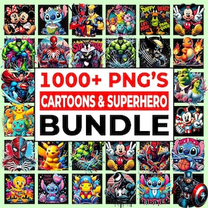 May include: A collection of cartoon and superhero character images, including Mickey Mouse, Stitch, Spider-Man, and Pikachu. The images are arranged in a grid, with the text "1000+ PNG'S CARTOONS & SUPERHERO BUNDLE" in the center.