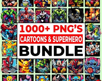 May include: A collection of cartoon and superhero character images, including Mickey Mouse, Stitch, Spider-Man, and Pikachu. The images are arranged in a grid, with the text "1000+ PNG'S CARTOONS & SUPERHERO BUNDLE" in the center.