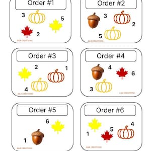Può includere: Una scheda bianca con sei riquadri d'ordine, ciascuno con illustrazioni a tema autunnale. Zucca, ghiande e foglie d'acero in vari colori sono disposte con numeri. Il testo "A&A CREATIONS" appare in fondo a ogni riquadro.
