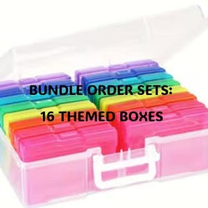 May include: A clear plastic storage box with a pink base and a clear lid. Inside are 16 themed boxes in a rainbow of colors. Text on the image reads: "BUNDLE ORDER SETS: 16 THEMED BOXES."