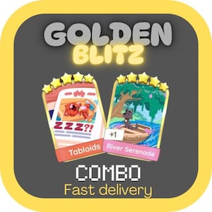 May include: Two illustrated cards with star accents, labeled "Tabloids" and "River Serenade," are featured in a yellow-bordered graphic. The cards depict cartoon animals and the text "GOLDEN BLITZ" is at the top. The word "COMBO" and "Fast delivery" are at the bottom.
