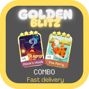May include: A digital graphic with the words "GOLDEN BLITZ" in white and yellow. Two game cards are displayed, one with a hook and the other with a fox. The word "COMBO" is below the cards.