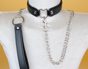 Gargantilla de cuero sintético con forma de corazón negro / Collar gótico punk de cadena plateada