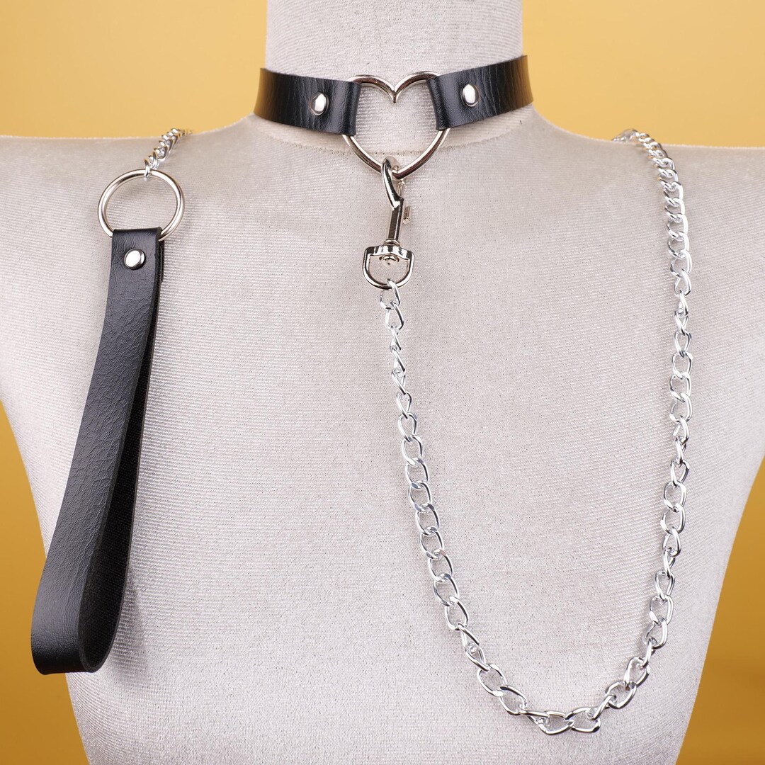 Black Punk Vegan Leather Choker With Silver Heart Ring, Adjustable Day ...