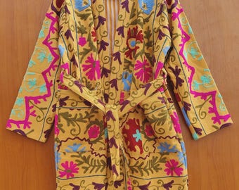 Floral Embroidery work suzani long jackets | Women wear soft suzani kimono | Handmade Embroidery long coat | Bridesmaid robe | Gift for her.