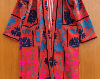 Red cotton made niddle work suzani jackets | Handmade Embroidery made coat | Long sleeve suzani kimono | Bridesmaid robes | Gift for her.