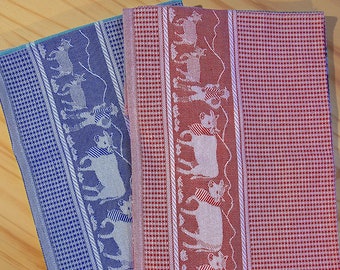 Set of 2 Swiss Cow Jacquard Tea Towel - Red Blue - Switzerland Luxury Kitchen Linens - European Alps Alpine Cows - Hostess Gift Rustic Decor