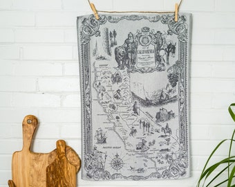 California Map Jacquard Tea Towel - Travel Lover Gift - CA Dish Towels - Souvenir Pictorial Map  Pacific Coast Highway State Map Decor