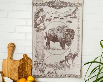 Buffalo Jacquard Tea Towel - Luxury Kitchen Towels - Gift for Him - 100% cotton - Native America Decor Indian Bison Wall Hanging Tapestry