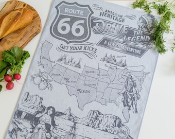 Route 66 Jacquard Tea Towel - Old US RT 66 Sign - Mother Road - 100% Cotton Kitchen Towels - Vintage Car - Get your Kicks  America's Highway