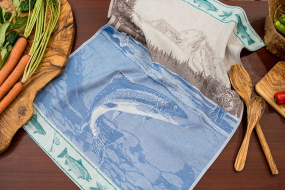 Fishing Woven Wall Art Luxury Cotton Jacquard Tea Towel Trout Fly