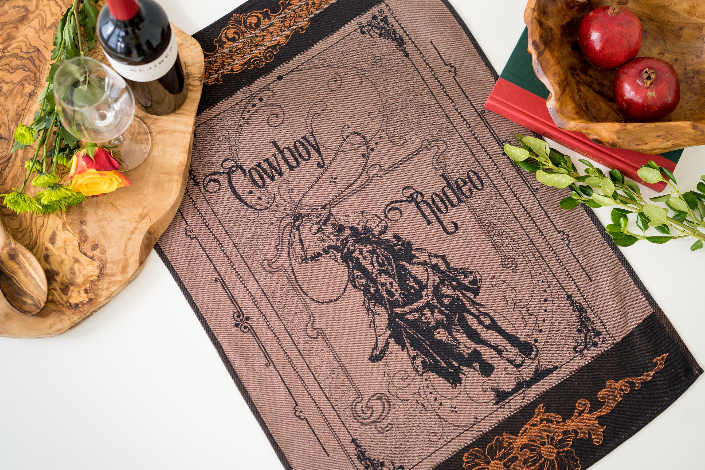 thumbnail interactive-video image 1 of Crystal Arrow Tea Towel – Cowboy Rodeo Horse Jacquard, Brick Brown Cotton, Made In Czech Republic 1 of 3