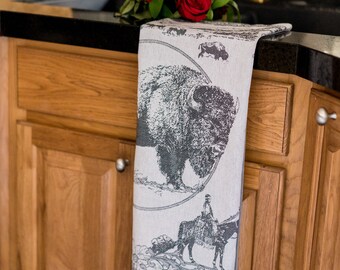 Buffalo Old West Jacquard Kitchen Tea Towel | Luxury Cotton Dish Towels | Gift for Him | Rustic Farmhouse Towel | Wild West Tapestry