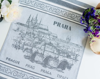 Prague Czech Republic Jacquard Tea Towel - Luxury Cotton Kitchen Linens - History Lover Gift - Charles Bridge Prague Castle - European Decor