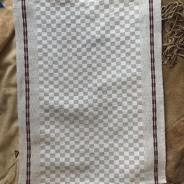 Colonial Jacquard Tea Towel - Natural Kitchen Linens - Primitive Woven Folk Art - Checkerboard Textile - Luxury Weavings - Cotton Flax