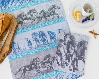 Gift Set of 2 Wild Mustang Horse Luxury Jacquard Kitchen Tea Towels - Premium Towels - Appaloosa Tapestry  Bohemian Woven Wall Hanging Art