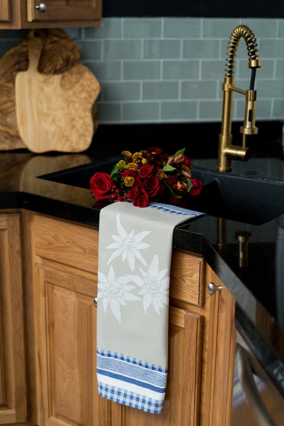 Edelweiss Jacquard Tea Towel Luxury Kitchen Dish Towels Hostess Gift  European Swiss Alps National Flower of Austria Sound of Music 