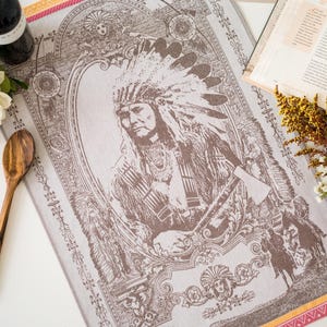 American Indian Chief Tapestry, Jacquard Tea Towel, Kitchen Linens, History Lover, Gift for Him, Western Kitchen Art, Native America