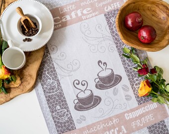 Love Coffee Jacquard Cotton Tea Towel | Valentines Gift | Luxury Kitchen Towels | Coffee Cup Hearts Cappuccino Cafe Beige Brown European