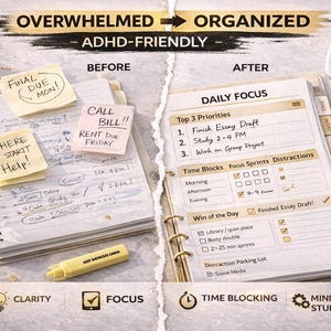 May include: ADHD-friendly planner with "Overwhelmed" and "Organized" sections. Includes a notebook with sticky notes, a daily focus page, a timer, and a pen. The planner promotes clarity, focus, time blocking, and mindful study.