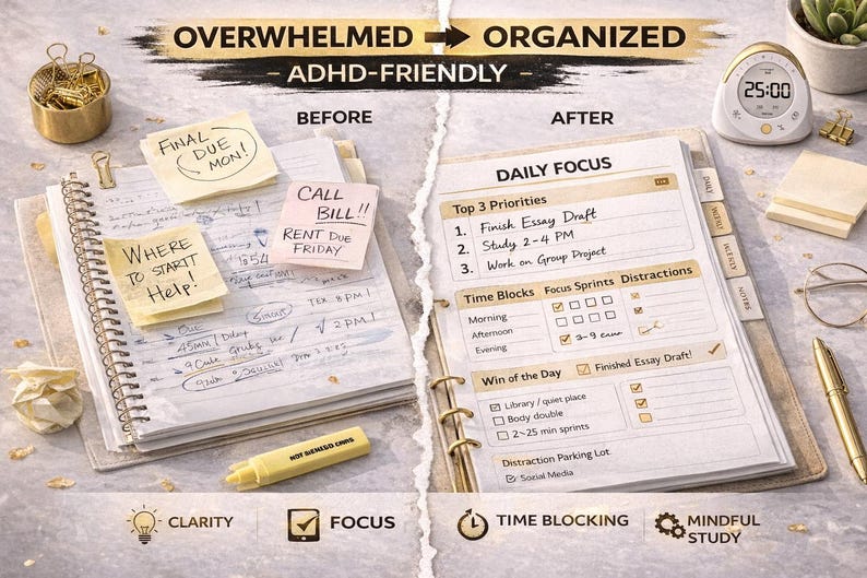 May include: ADHD-friendly planner with "Overwhelmed" and "Organized" sections. Includes a notebook with sticky notes, a daily focus page, a timer, and a pen. The planner promotes clarity, focus, time blocking, and mindful study.
