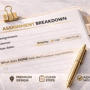 May include: A planner page with the title "ASSIGNMENT BREAKDOWN" and fields for assignment details. A gold pen rests on the page. Tabs labeled "DAILY", "WEEKLY", and "NOTES" are visible. The page includes the text "PREMIUM DESIGN", "CLEAR STEPS", and "ADHD-MODE".