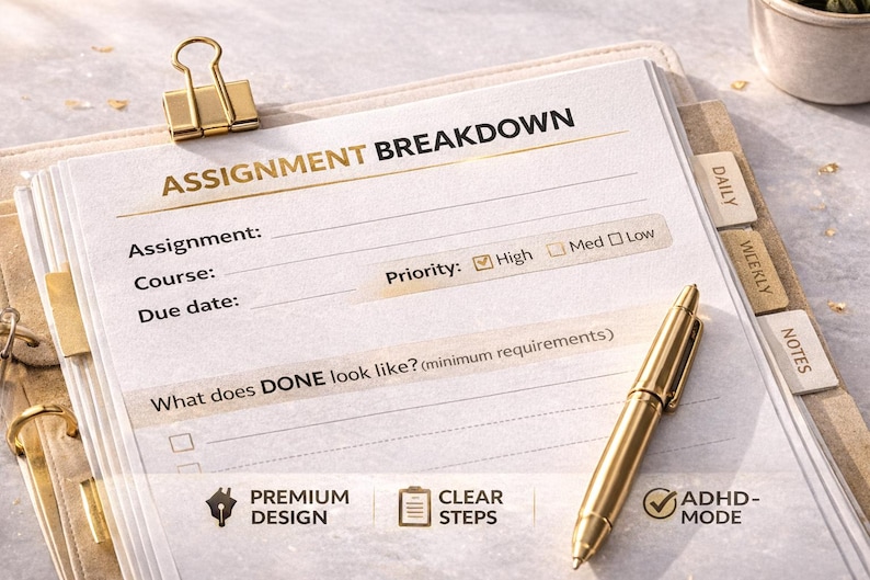May include: A planner page with the title "ASSIGNMENT BREAKDOWN" and fields for assignment details. A gold pen rests on the page. Tabs labeled "DAILY", "WEEKLY", and "NOTES" are visible. The page includes the text "PREMIUM DESIGN", "CLEAR STEPS", and "ADHD-MODE".