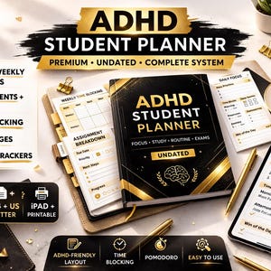 Op de afbeelding: Een zwarte en gouden ADHD-studentenplanner met de tekst "ADHD STUDENT PLANNER". De afbeelding toont de planner, een tablet, een kopje koffie en briefpapier. De planner bevat secties voor dagelijkse en wekelijkse planning. Het heeft 116 pagina's.