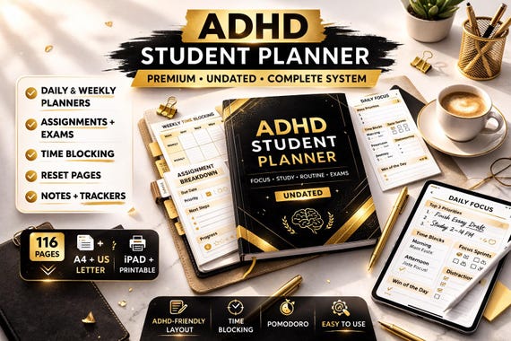 ADHD Student Planner | Undated Daily, Weekly, Time Blocking (Digital Download)
