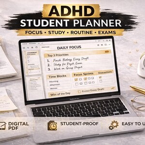 May include: A laptop displaying a student planner with the text "ADHD STUDENT PLANNER". The image includes a timer, pen, glasses, and notes. The planner's focus is on daily tasks, study routines, and exams.