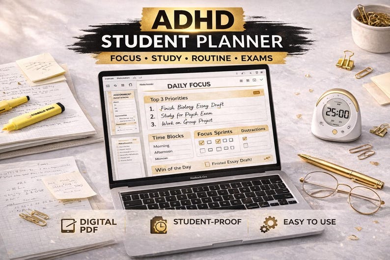 May include: A laptop displaying a student planner with the text "ADHD STUDENT PLANNER". The image includes a timer, pen, glasses, and notes. The planner's focus is on daily tasks, study routines, and exams.
