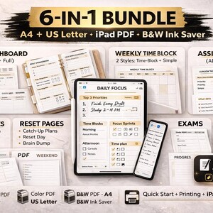 May include: A digital planner bundle with the text "6-IN-1 BUNDLE" and "A4 + US Letter + iPad PDF + B&W Ink Saver." The image shows various planning pages, including a daily dashboard, weekly time block, and assignment pages. There is also a tablet and a smartphone.