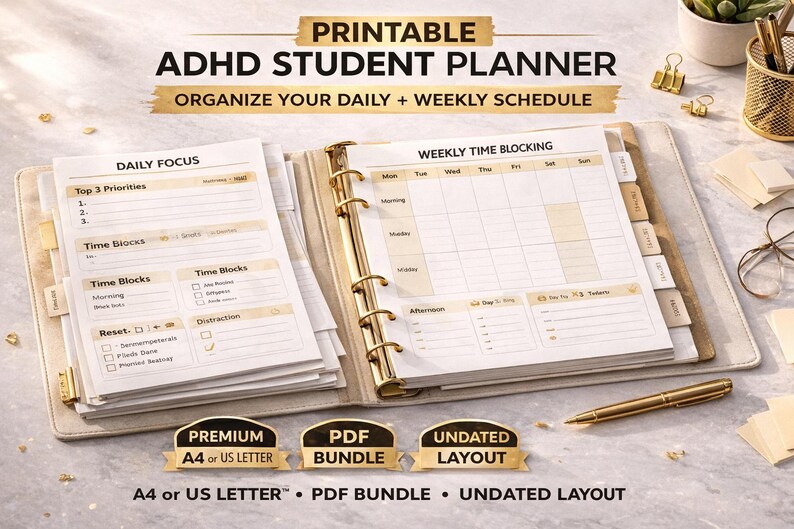May include: Printable ADHD student planner with daily and weekly schedule pages. The planner includes sections for daily focus, time blocks, and weekly time blocking. The planner is in a binder with gold accents, and a gold pen is included. The text on the image says "A4 or US Letter", "PDF Bundle", and "Undated Layout".