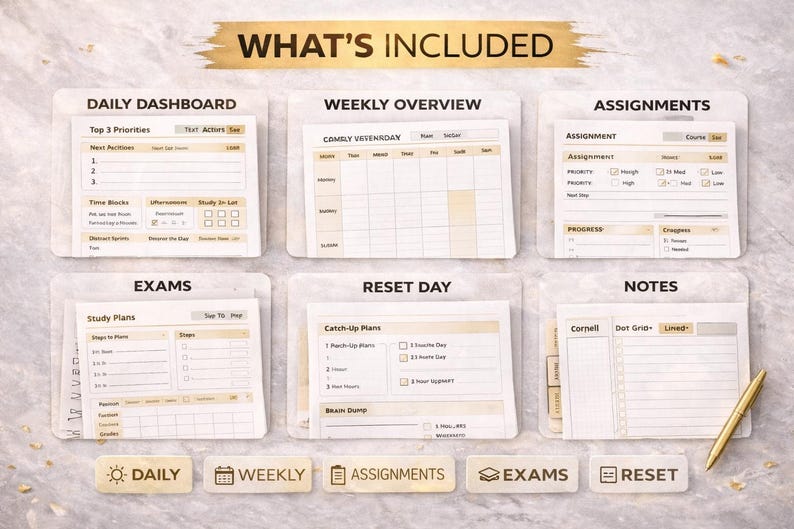 May include: A collection of printable planner pages, including a daily dashboard, weekly overview, assignments, exams, reset day, and notes. The pages are beige and white with a gold pen. The text "WHAT'S INCLUDED" is at the top.