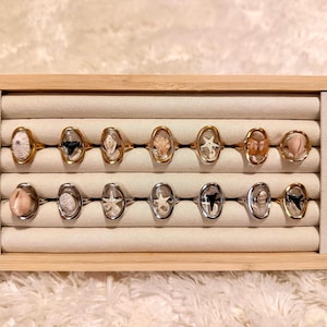 May include: A collection of fourteen rings arranged in a light wood display case with beige velvet slots. Each ring features a unique ocean-themed element, such as small seashells, starfish, or shark teeth, encased in a gold or silver-toned metal frame.