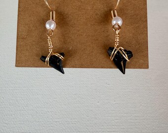 Gold shark tooth dangle earrings with pearl! Found and handmade by me!