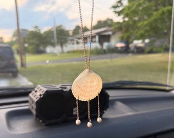 pink patterned scallop shell car charm with pearls and gold chain! Shell found and car decor made by me!