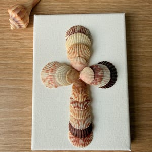 Könnte beinhalten: Ein Kreuz aus verschiedenen Muscheln in Rosa-, Creme- und Brauntönen, angeordnet auf einer weißen Leinwand. Eine einzelne Muschel liegt auf der Holzoberfläche. Das Kreuz ist ein dekoratives Kunstwerk.